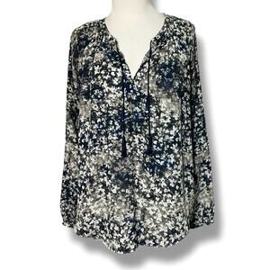 Beautiful blue grey black Vera Wang flowy floral long sleeve top with tie size L